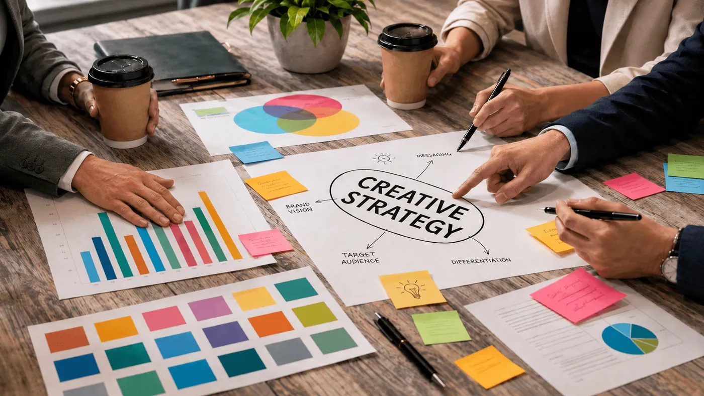 A creative strategy session: a hand-drawn strategy map surrounded by charts, colour swatches, and notes.