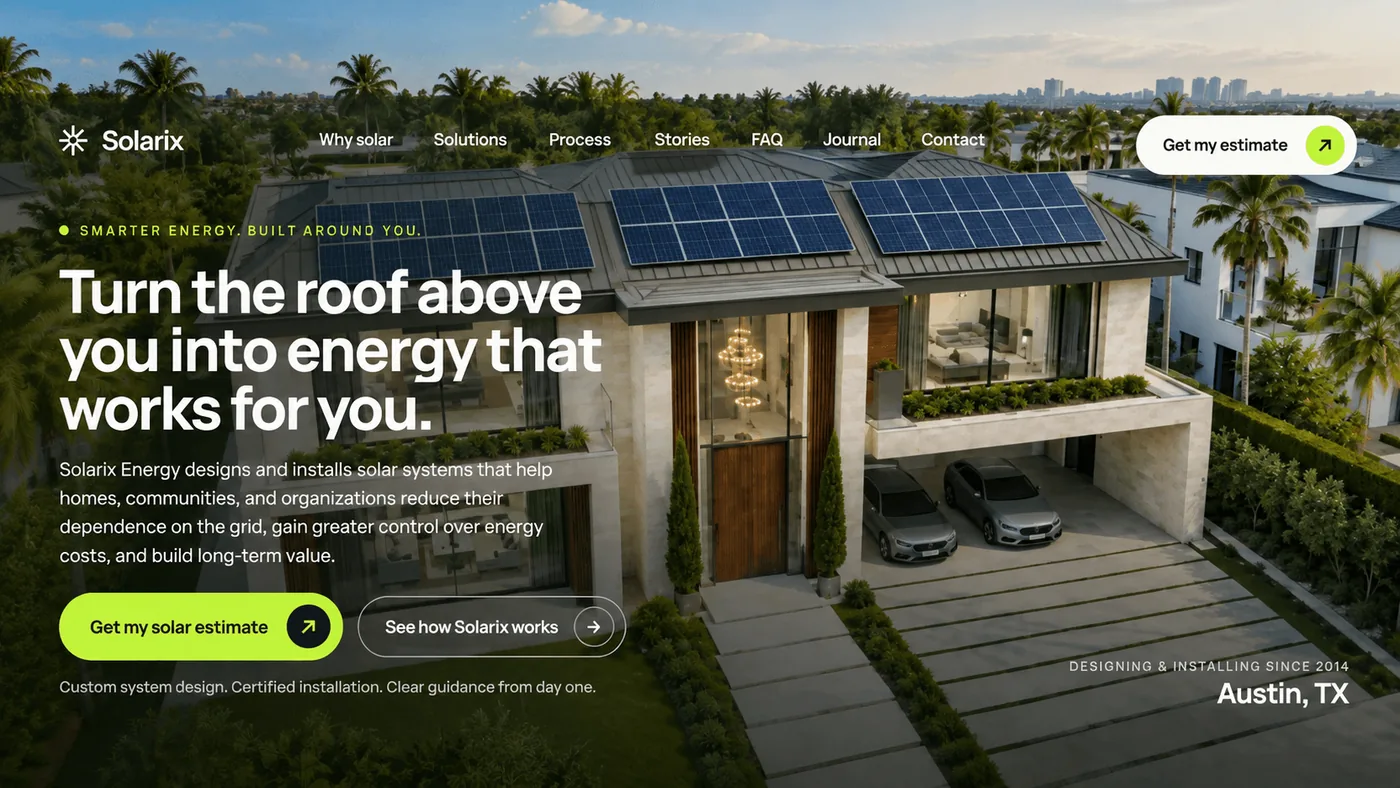 Homepage for a solar energy installer.