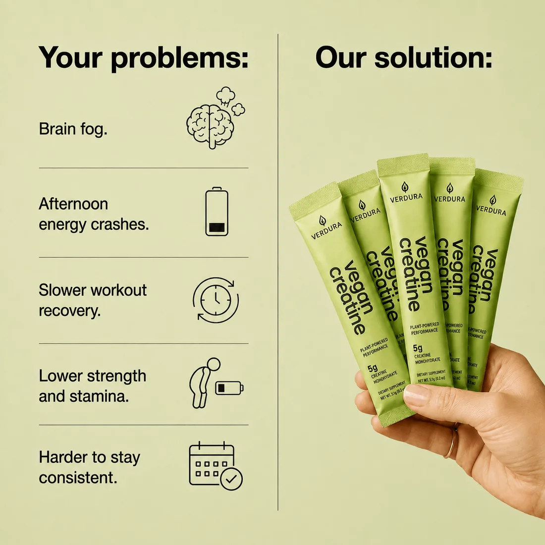 Split layout listing everyday problems on the left and a hand holding supplement sticks on the right.