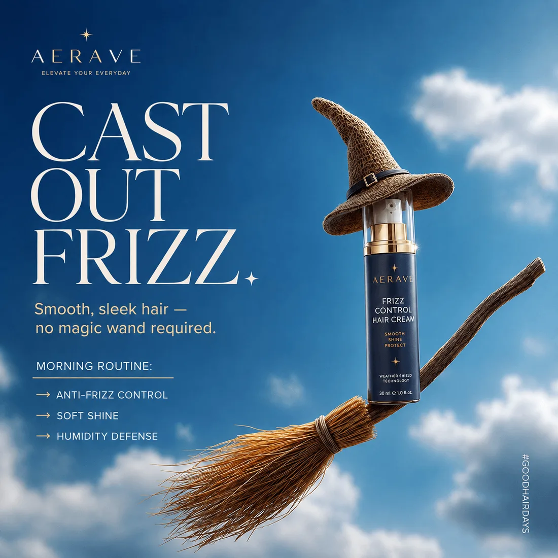 Hair cream bottle riding a broomstick through a blue sky, styled as a witch's hat.