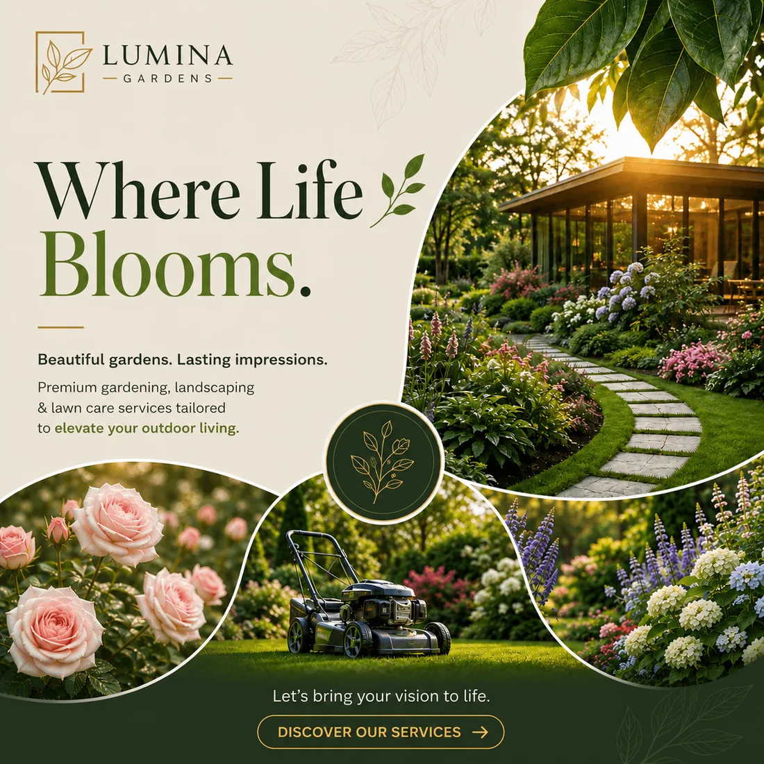 Curved collage of a landscaped garden, roses and a mower on a warm cream field.