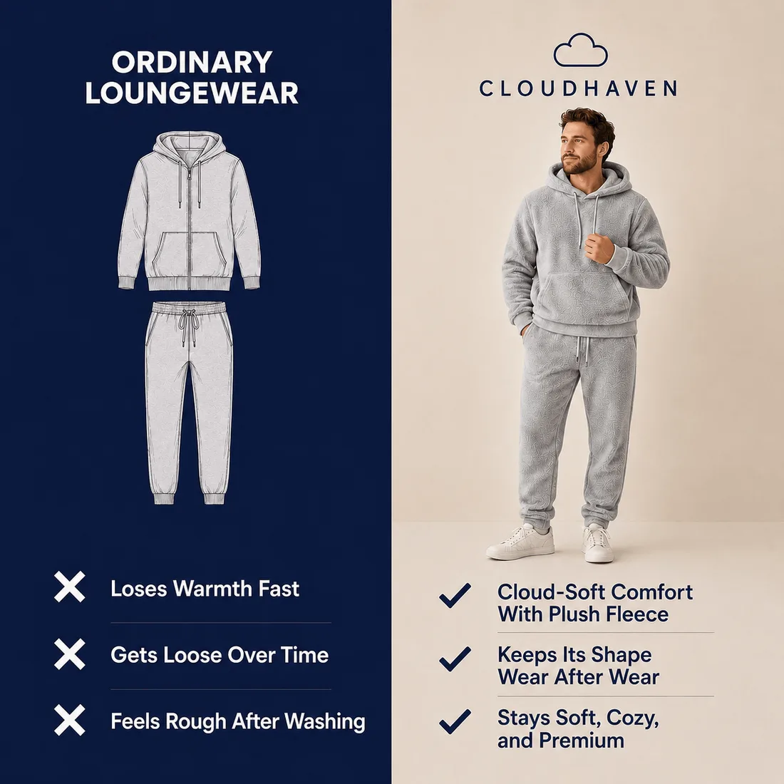 Two-panel comparison: a flat garment sketch on navy beside a worn set on warm sand.