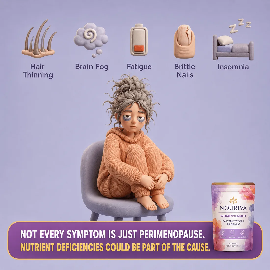 Sculpted character seated below a row of modelled symptom icons, beside a supplement pouch.