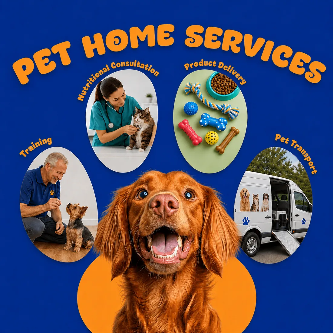 Bright collage of pet services around a dog, on a deep blue field.