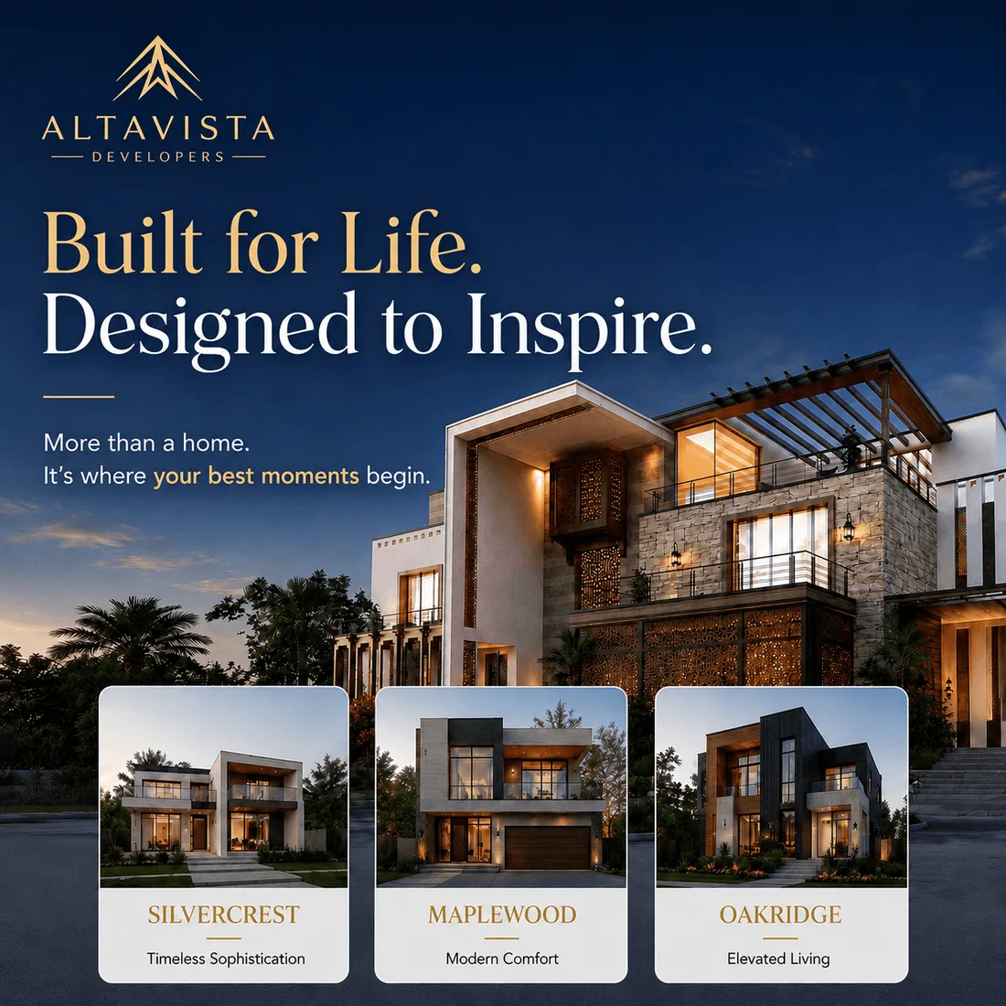 Lit contemporary home at dusk above three smaller residence cards.