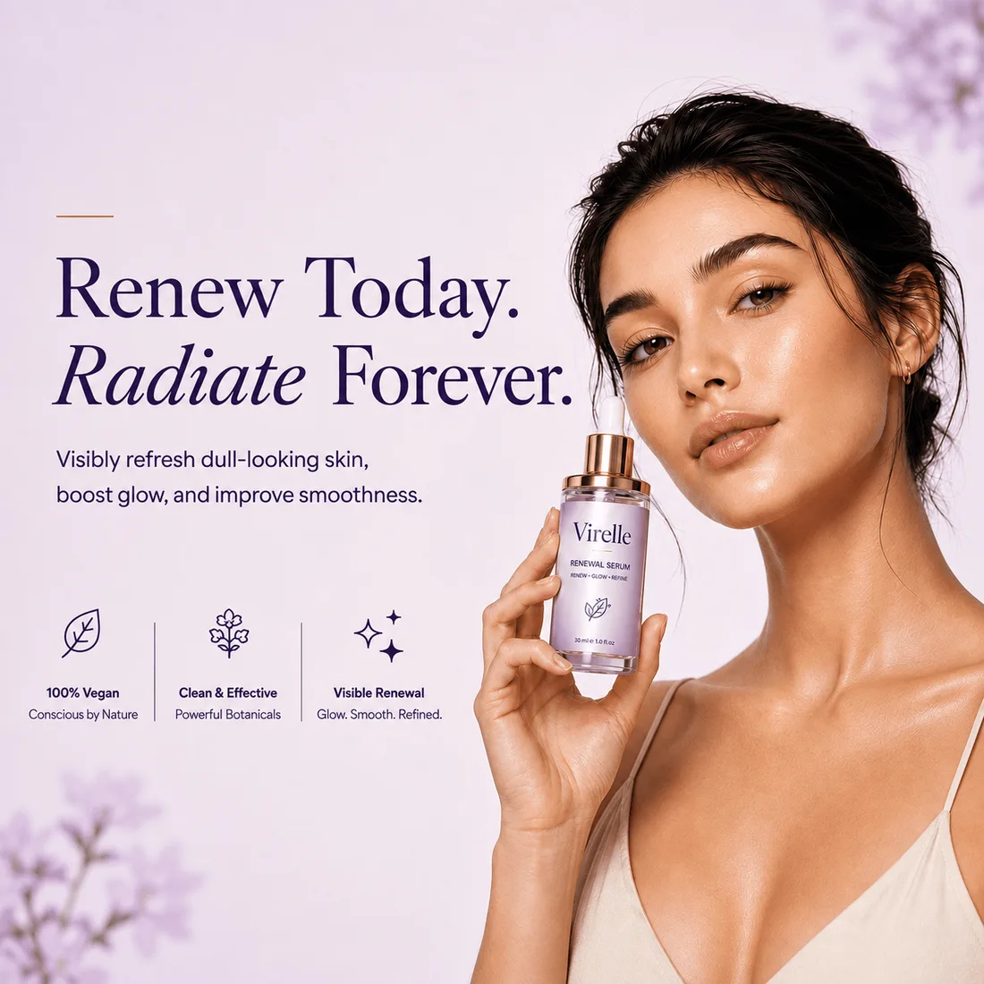 Model holding a serum bottle beside a headline and three product credentials, on a soft lilac field.