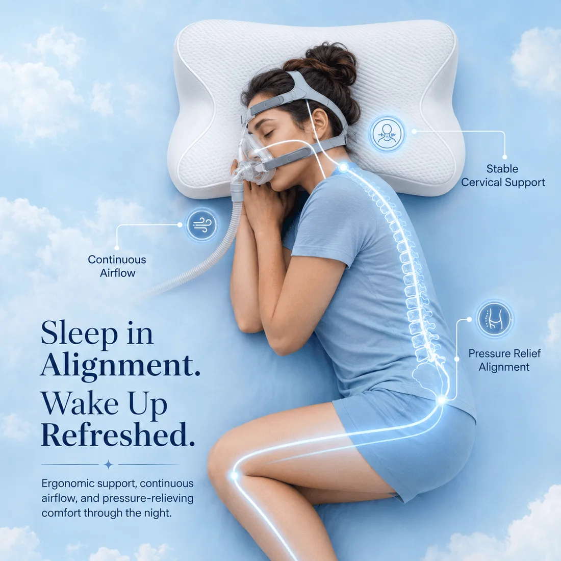 Overhead shot of someone asleep on a contoured pillow, with spine alignment and airflow called out.