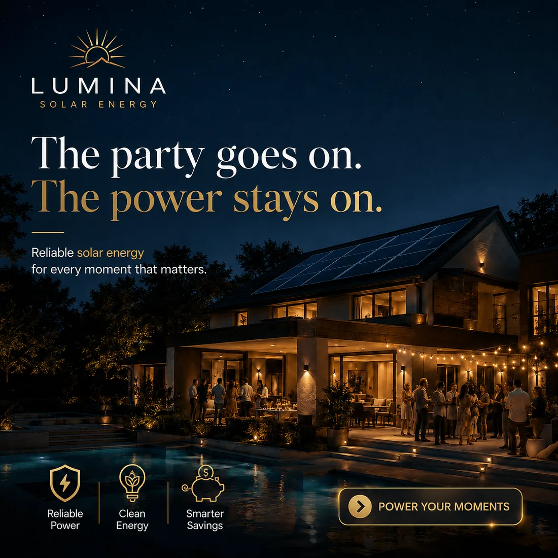 Evening garden party at a lit home with rooftop solar panels, and three benefit marks below.